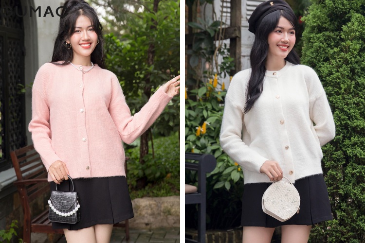 Chân váy chữ A mix áo len dáng rộng